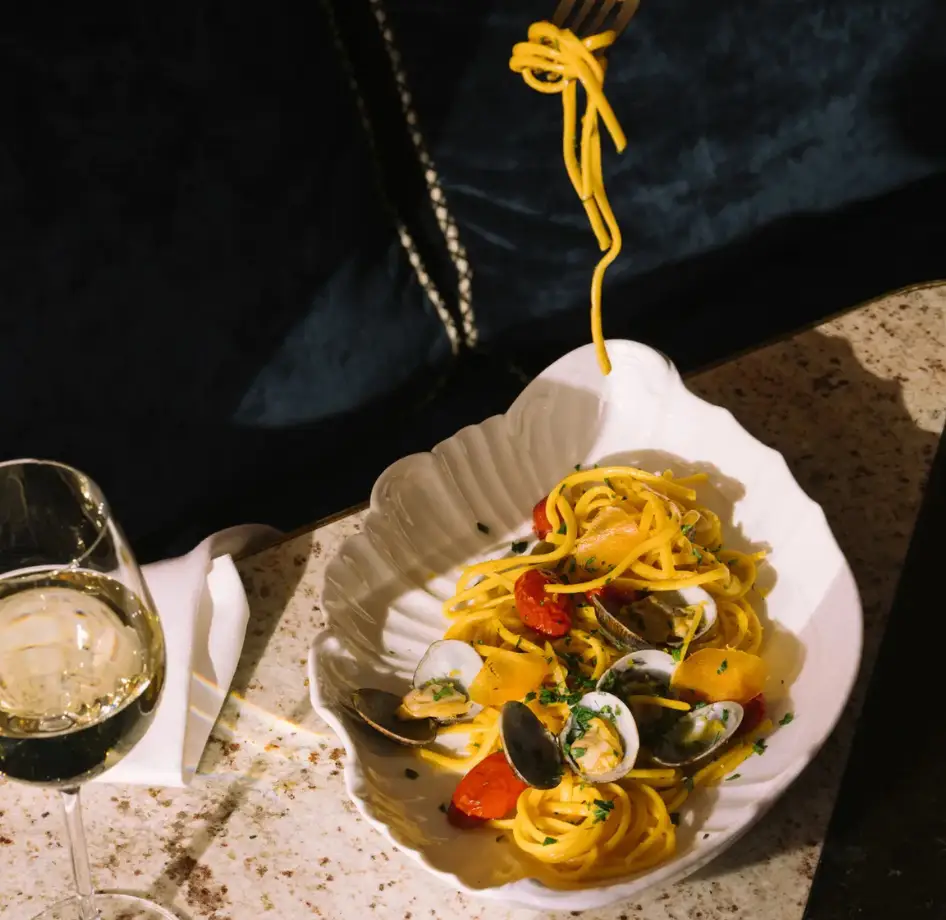 Pasta and wine in the restaurant
