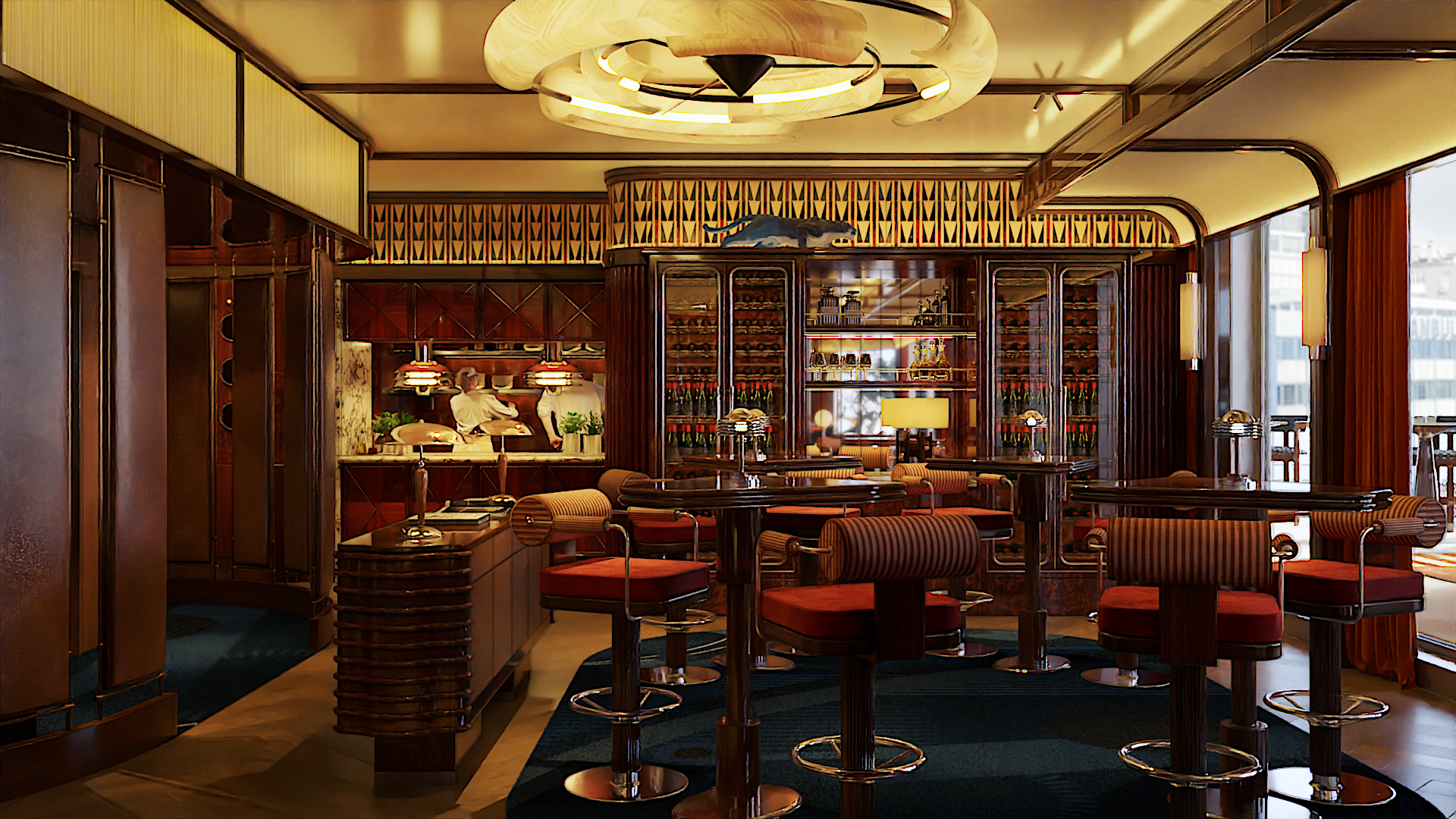 Approved dining-room render of Il Gattopardo Istanbul, with warm Italian textures and lighting.