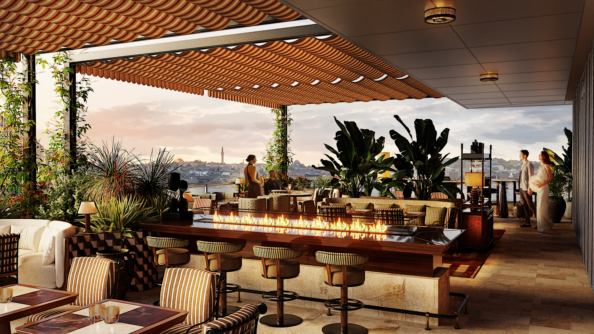 Approved render of the Il Gattopardo Istanbul terrace overlooking the waterfront.